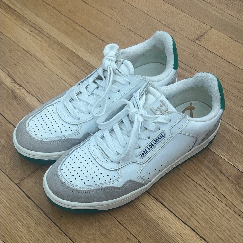Sam Edelman Harper White Leather Sneakers with Green Heel Tab